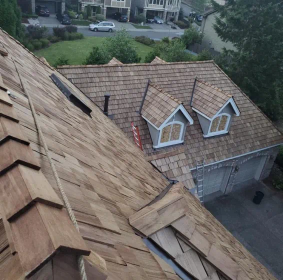 residential house with wood shake roofing